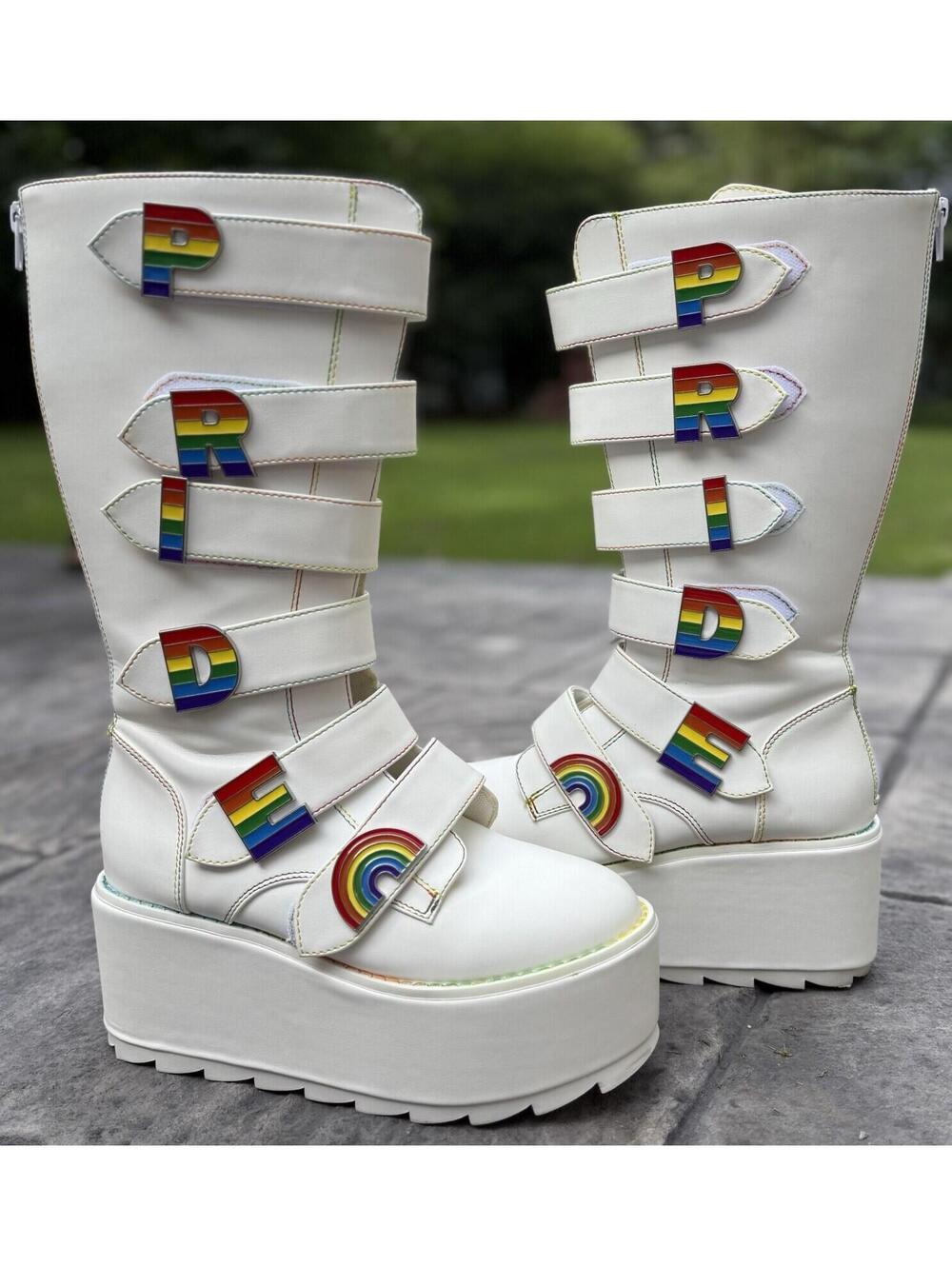 YRU Rainbow Pride Platform Go-Go Boots Sz 7 White Rave Festival Goth 90s Retro